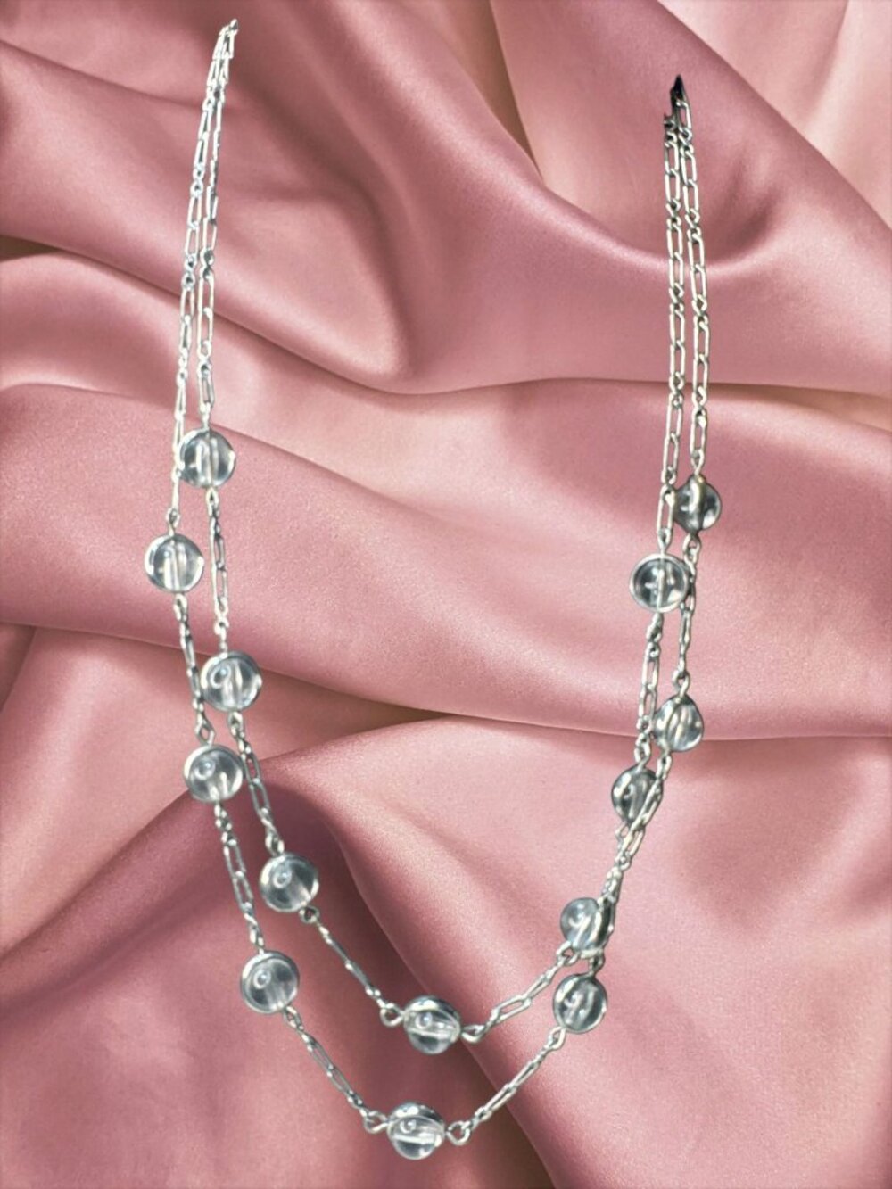 Silver-Tone Layered Necklace With Clear Beads & Chain Design